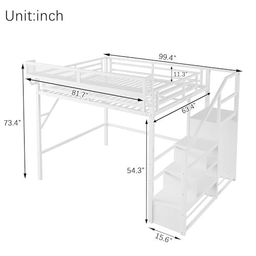 KEIKI Queen Size Metal Loft Bed Frame with Convertible Staircase, Built-in Storage Shelves & Wardrobe, Loft Bed with Solid Slats & Guardrail, No Box Spring Required, Easy Assembly, for Bedroom, White KEIKI