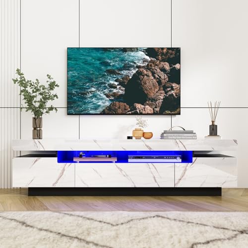 Uspeedy 70IN White TV Stand for 75/80 inch TV,Modern LED TV Stand for Living Room,High Gloss Entertainment Center with Storage Drawer,APP RGB Light,TV Console,Television Stands(Marbling) Uspeedy