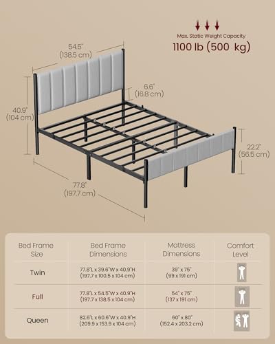 VASAGLE Full Bed Frame with Upholstered Headboard, Metal Bed Frame Full Size with Footboard, 1100 lb Weight Capacity, Steel Slats, Easy Assembly, No Box Spring Needed, Dove Gray URMB982G01V1 VASAGLE