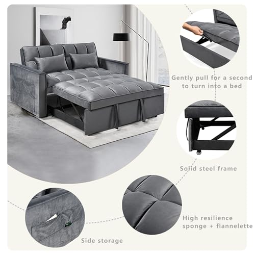 3 in 1 Convertible Sleeper Sofa Bed,Modern Velvet Loveseat Futon Couch Pullout Couches Bed,Small Love Seat Lounge Sofa w/Reclining Backrest, Toss Pillows, Furniture for Living Room (Dark Gray) YHUBHSIS