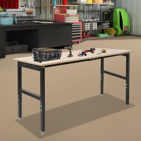 Sootvp 72" L X 25" W Adjustable Workbench, 28-39.5" Adjustable Height & 3000 LBS Load Capacity, Oak Wood Heavy-Duty Work Table Garage Worktable with Power Strip and Wheels for Studio, Workshop Sootvp