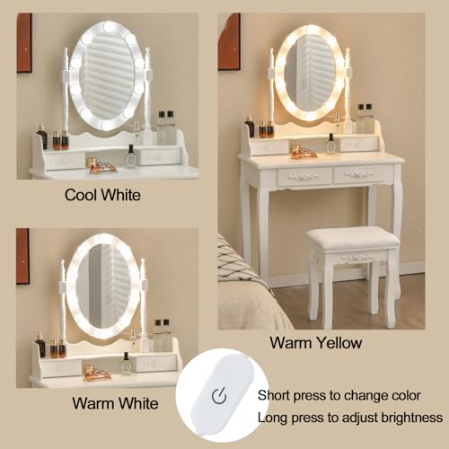 Giantex Makeup Vanity Table with 10 LED Lights, Adjustable Brightness, 3 Color Light Modes, 4 Drawers, Rotatable Mirror, Cushioned Stool, Vanity Desk Dressing Table Bedroom Furniture (White) Giantex