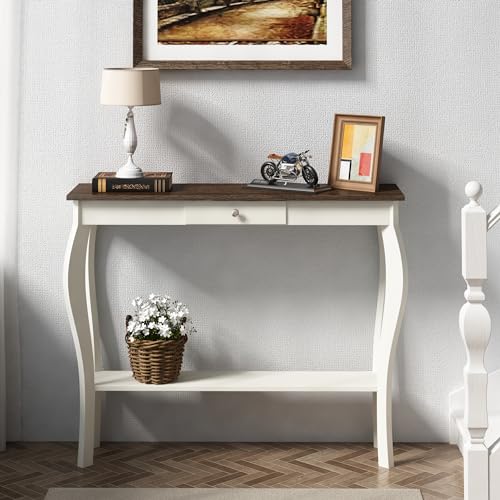 ChooChoo Narrow Farmhouse Console Table with Drawer, Chic Accent Sofa Entryway Table with Shelves for Entryway, Living Room, Hallway, Antique White &