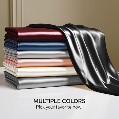 BEDELITE Satin Fitted Sheet Queen Size with Elastic Corner Straps, Luxury Soft Silk-Like Bed Sheet for Hair & Skin, 1 Deep Pocket Fitted Sheet Only Fits 15" Mattress, Fade & Wrinkle Resistant, Black BEDELITE