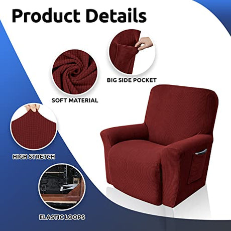 KEKUOU Recliner Chair Covers Lazy Boy Recliner Covers Stretch Couch Cover Slipcovers 1 Piece Furniture Protector with Elastic Bottom (Recliner, Dark Red) KEKUOU