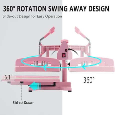 Leomru 5 in 1 Heat Press Machine 15x15 Inch, Heat Press Machine for T Shirts Hat Cap Mug Plate 360° Swing Away, Sublimation Heat Press Heat Transfer Machine W/ 30OZ Tumbler Press Pink Leomru
