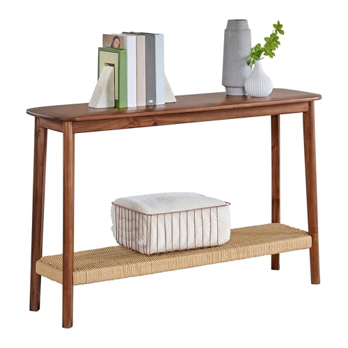 Alaterre Furniture Calais Living Room Collection – 48 Inch Solid Wood Entryway Table with Woven Storage Shelf – Mid Century Modern 2-Tier Sofa Table for Living Room, Hallway, or Foyer (Warm Chestnut) Alaterre Furniture