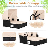 Tangkula Patio Rattan Daybed with Retractable Canopy, Outdoor Wicker Sunbed Lounger with 2 Foldable Side Tables, Thick Seat & Back Cushions, Outside Double Daybed for Garden, Backyard, Porch