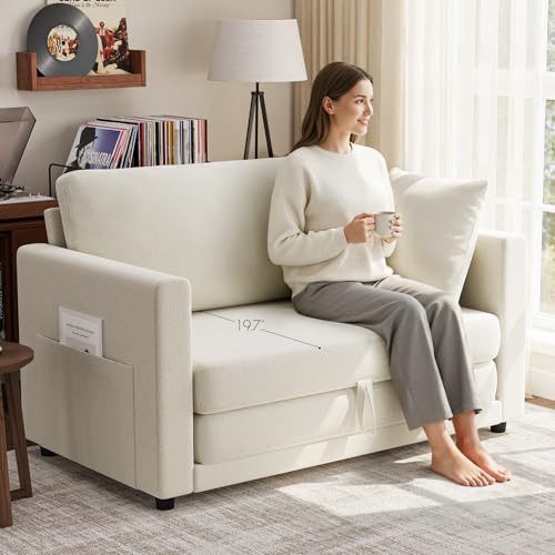 TROMIRY Convertible Loveseat Sofa Bed | Pull Out 78.7” Floor Couch Bed | Folding Sleeper Sofa Bed for Living Room, Apartment & Guest Room | Ivory White TROMIRY