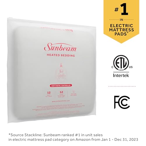 Sunbeam Restful Quilted Electric Heated Mattress Pad King Size, 76" x 80", Upgraded Memory Controller with 12 Heat Settings, 12-Hour Selectable Auto Shut-Off, Fast Heating, Machine Washable Sunbeam