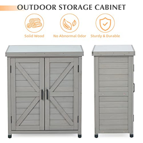 Outdoor Storage Cabinet & Potting Bench Table with Metal Top, Wooden Patio Furniture, Garden Workstation (Royal Brown, 36x31x17in) SoliWood