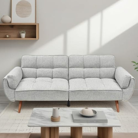 Trygoal Convertible Futon Sofa Bed, Modern Futon Couch with 2 Pillows, Small Futons Couch with Adjustable Armrest & Backrest, Loveseat Sofa Bed for Living Room, Bedroom, Gray Trygoal