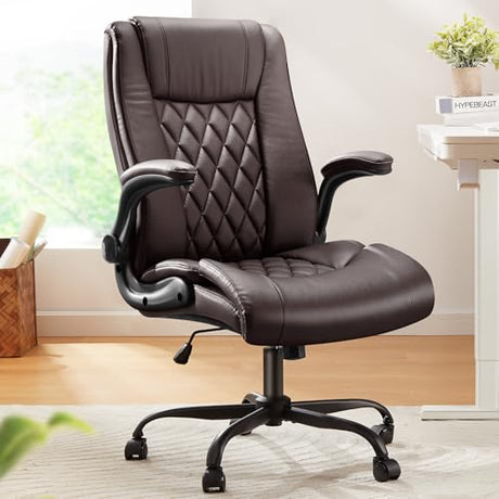 Marsail Executive Office Chair with Flip-up Armrests,PU Leather Ergonomic Desk Chair Height-Adjustable Swivel Rolling Desk Chair Marsail