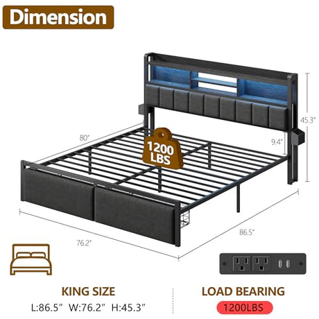 Furnulem King Bed Frame with Wood Headboard & Storage Drawers, Metal Platform Bed Frames King Size with LED Lights, Built in Charging Station, No Box Spring Needed, No Noise, Easy Assembly, Black Furnulem