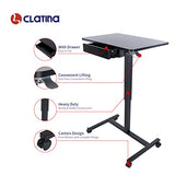 CLATINA Height Adjustable Work Table with Drawer Mobile Laptop Standing Desk Portable Small Teacher Podium with Lockable Wheels Cart Computer Overbed Table for Home Office Classroom Medical, Black CLATINA