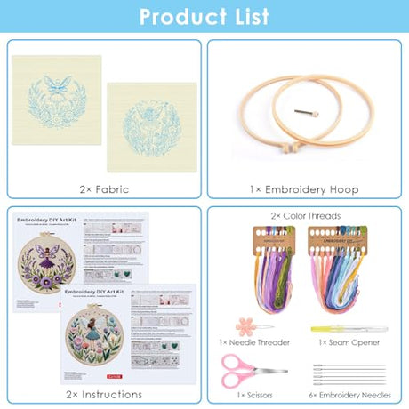 ERKOON Embroidery Kit for Beginners, 2 Set Flower Cross Stitch Set Include Embroidery Cloth Hoops Threads for Craft Lover Hand Stitch with Embroidery Skill Techniques (Angel) ERKOON