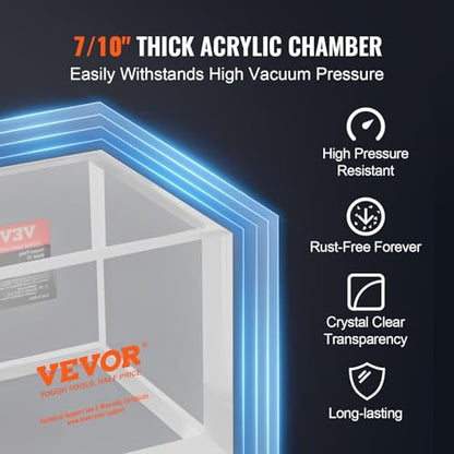 VEVOR 2 Gallon Vacuum Chamber, Upgraded Multipurpose Acrylic Vacuum Degassing Chamber, Transparent Vacuum Chamber, for Resin Degassing, Silica Gel Degassing