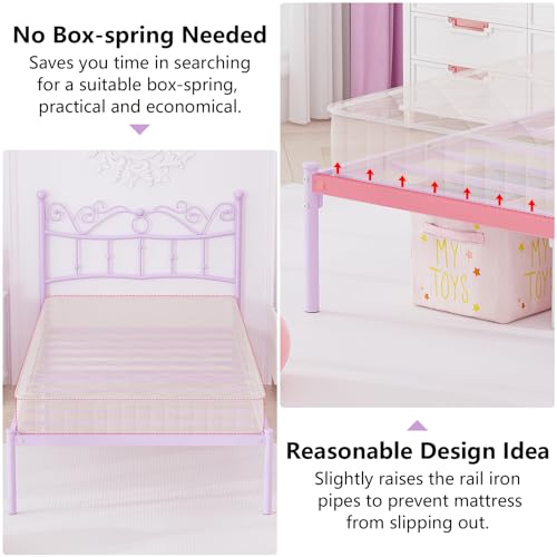 Merronix Twin Bed Frames with Headboard, Elegant Metal Bed Frame for Kids Girls, Modern Twin Size Platform Bed - No Box Spring Needed, 11.2 Inches Height Underbed Storage - Purple Merronix