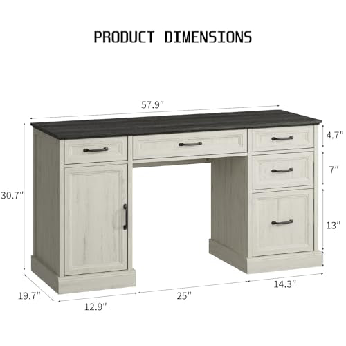 CARPETNAL 58'' Farmhouse Executive Desk with Drawers, Home Office Desk with File Drawer and Storage Cabinet, Rustic Computer Desk for Working, Studying, Writing, White CARPETNAL