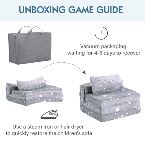 Foldable Floor Mattress with Pillow for Kids, Glow in The Dark Grey Star Toddler Washable Folding Floor Nap Mat for Daycare, Child Trifold Futon Sofa Bed with Storage Bag for Playroom Girls and Boys Givjoy