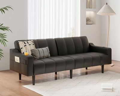 Chfeloai 80'' Futon Sofa Bed,Faux Leather Futon Sleeper Sofa, Convertible Loveseat with Adjustable Sofa Backrest,Modern Couches for Living Room, Bedroom, Apartment, Office (Black)