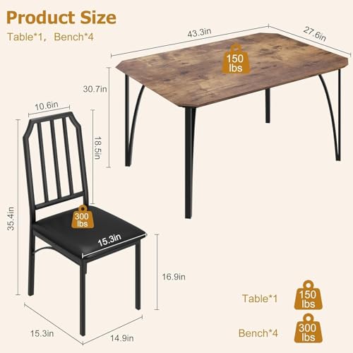 IDEALHOUSE Dining Table Set for 4, Kitchen Table Set of 4 with Upholstered Cushion Chairs, Dining Room Table Set with Kitchen Chairs, Easy to Assemble, Suitable for Apartment - (Rustic Walnut) IDEALHOUSE