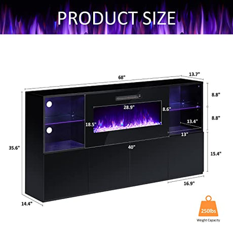 AMERLIFE Modern High Gloss 68" Fireplace TV Stand, Media Entertainment Center with Fireplace & LED Lights for TVs up to 78", TV Console Cabinet with Adjustable Glass Shelves for Living Room, Black AMERLIFE