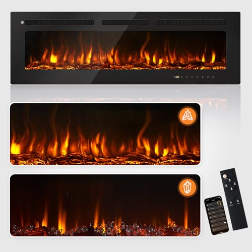 OneBlis 60” Smart Electric Fireplace Heater, Wide Recessed/Wall Mounted Electric Fireplace, Remote Control with Timer, 12 Adjustable Color Flame, Log Set & with Crystal Stone, 750/1500W OneBlis