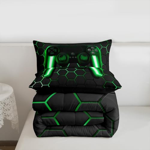 Game Bedding Sets for Boys,Gaming Comforter Set Full,Kids Gamer Duvet Set Neon Lights Gamepad Bed Set for Teen Men Bedroom,geometric Honeycomb Hexagon Comforter with 2 Pillow Shams,Green Grey Erosebridal
