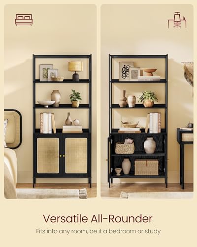 VASAGLE Boho 6-Tier Bookcase with Rattan-Like Door, Adjustable Storage Shelf in Ebony and Matte Black - WoodArtSupply