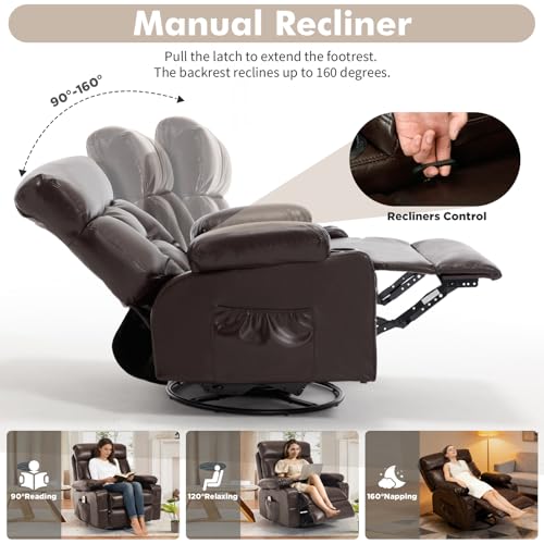 Comermax Rocker Recliner Chair with Heat and Massage, Wide Seat Heated Massaging Reclining Chair, Faux Leather Manual Swivel Rocking Recliners with Cup Holder, Dark Brown