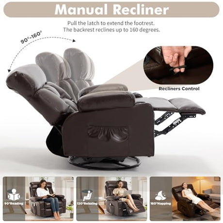 Comermax Rocker Recliner Chair with Heat and Massage, Wide Seat Heated Massaging Reclining Chair, Faux Leather Manual Swivel Rocking Recliners with Cup Holder, Dark Brown Comermax