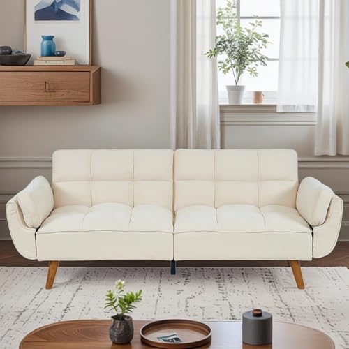 Trygoal Convertible Futon Sofa Bed, Modern Futon Couch with 2 Pillows, Small Futons Couch with Adjustable Armrest & Backrest, Loveseat Sofa Bed for Living Room, Bedroom, Beige Trygoal