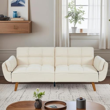 Trygoal Convertible Futon Sofa Bed, Modern Futon Couch with 2 Pillows, Small Futons Couch with Adjustable Armrest & Backrest, Loveseat Sofa Bed for Living Room, Bedroom, Beige Trygoal