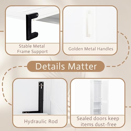 ZMAD Queen Size Wood Murphy Bed with Wardrobe,Space-Saving Hidden Wall Bed with Desk,Gas Struts,Charging Station,White ZMAD