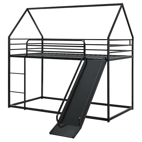 AEMSOFK Bunk Bed with Slide for Kids,Bunk Bed Twin Over Twin, Metal Junior House Low Bunk Bed, Toddler Floor Bunk Beds Frame with Guardrail for Kids, Convertible Slide and Ladder Noise Free(New Black) AEMSOFK