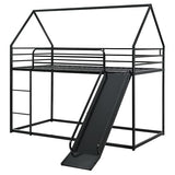 AEMSOFK Bunk Bed with Slide for Kids,Bunk Bed Twin Over Twin, Metal Junior House Low Bunk Bed, Toddler Floor Bunk Beds Frame with Guardrail for Kids, Convertible Slide and Ladder Noise Free(New Black) AEMSOFK