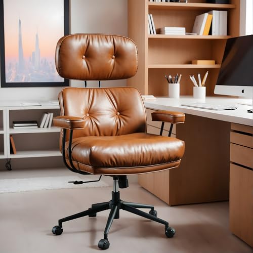 High Back Executive Office Chair with Comfortable Deep Seat,Brown PU Leather Modern Office Chair,Ergonomic Big and Tall Computer Desk Chair with Lumbar Support(Light Brown) weaxty W