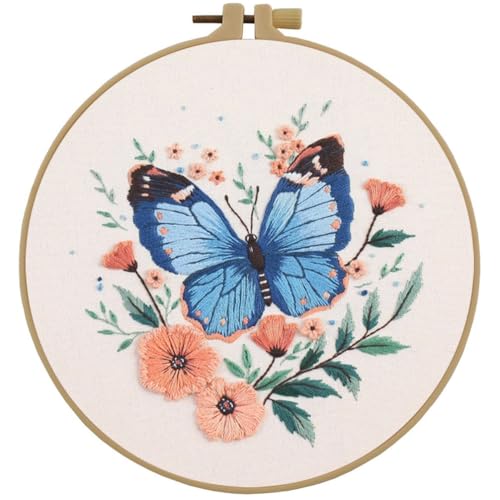 Esffaci Embroidery Starter Kit for Adult Beginners with Butterfly Flower Pattern Hand Embroidery Set with Cloth Hoop Needle Threader Floss and Instructions