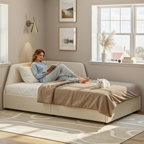LIKIMIO Premium Twin Corner Day Bed Frame, Modern Upholstered Daybed with Headboard & Storage Drawers & Safety Rail, Perfect for Teen Room/Small Space/Apartment Essential LIKIMIO