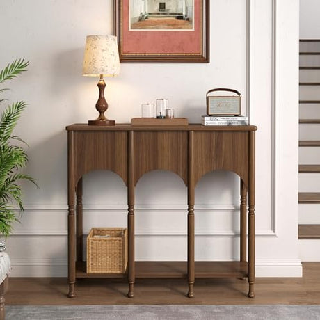 Topbele 40" Console Table with Storage Shelf, Retro Entryway Table, Wooden Sofa Table with Roman-Style Legs for Living Room, Hallway, Brown Topbele