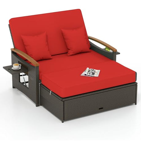 Tangkula Patio Rattan Daybed with 4-Level Adjustable Backrest, Outdoor Wicker Loveseat with Acacia Wood Armrest, Storage Ottoman & Folding Tray, Double Sunbed for Balcony, Backyard & Poolside, Red Tangkula