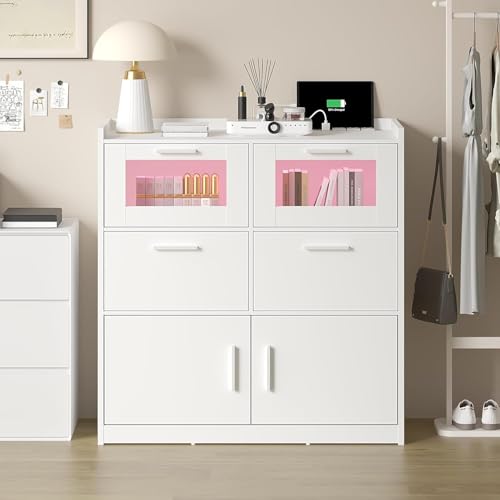 VECELO Dresser for Bedroom with Charge Station and Lights, Chest of 4 Drawers Closet with Raised Edge and Bottom Storage Cabinet, Wooden Organizer for Hallway Living Room, White VECELO