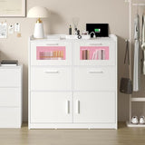 VECELO Dresser for Bedroom with Charge Station and Lights, Chest of 4 Drawers Closet with Raised Edge and Bottom Storage Cabinet, Wooden Organizer for Hallway Living Room, White VECELO