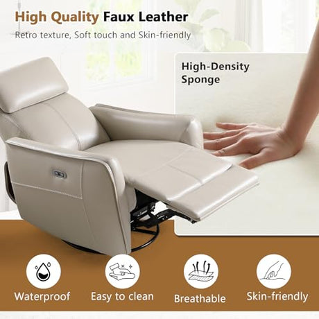 HAOMARKETS Electric Swivel Rocker Recliner Chair, Power Faux Leather Glider Rocking Recliners for Adults,360° Swivel Nursery Reclining Sofa with USB Charging Port, Beige HAOMARKETS