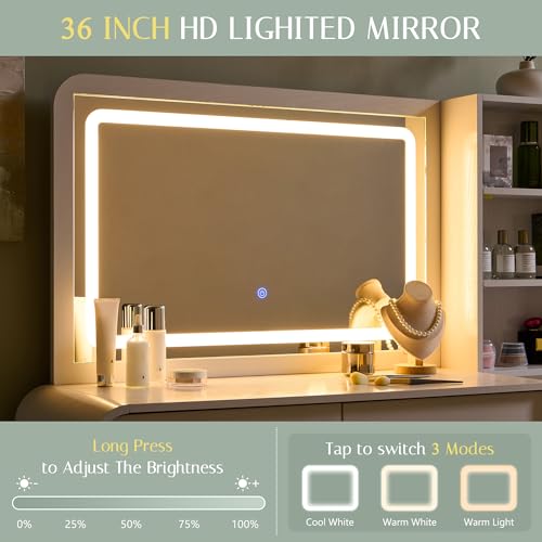 wow97e 50" Makeup Vanity Desk with 35.43" Mirror and Lights, Large 5 Drawers Makeup Table with Adjustable Shelves and Charging Station, 3 Lighting Modes for Women and Girls, Bedroom or Dorm, White wow97e