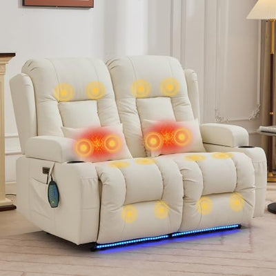 IPKIG Power Loveseat Recliner Sofa, Wall Hugger Reclining Chair with LED Lights, Side Pockets, Cup Holders, Massage & Heating, RV Recliners Couch Dual Sofa Reclinable, White