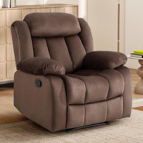 INZOY Manual Recliner Chair with Padded Armrest, Wall-Hugger Single Sofa Recliners with Overstuffed Back, Classical Fabric Reclining Chairs for Living Room Theater Seating, Brown