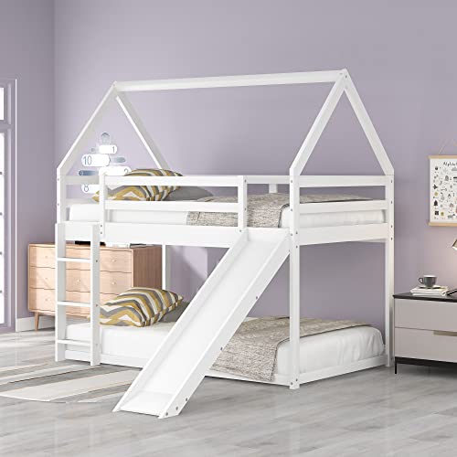 DreamBuck Twin Over Twin House Bunk Bed with Convertible Slide and Safety Guardrail in White - WoodArtSupply