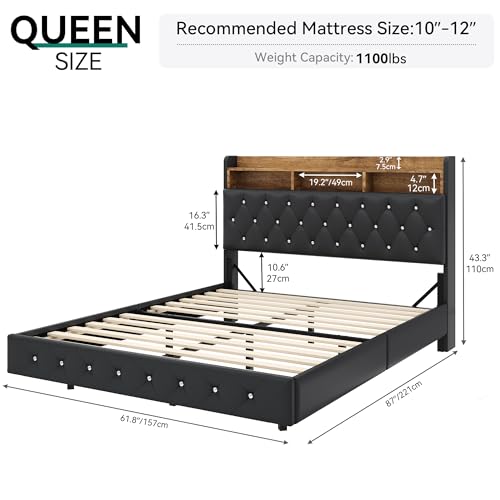 YITAHOME Queen Size Floating Bed Frame with RGB LED Lights and Storage Headboard in Black - WoodArtSupply